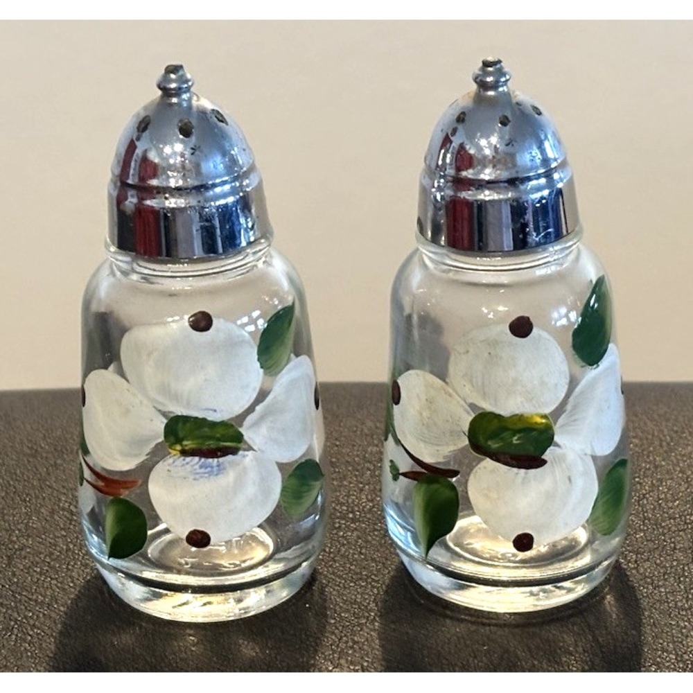 Vtg Hazel Atlas White Flowers Glass Salt & Pepper Shakers Hand Painted Floral